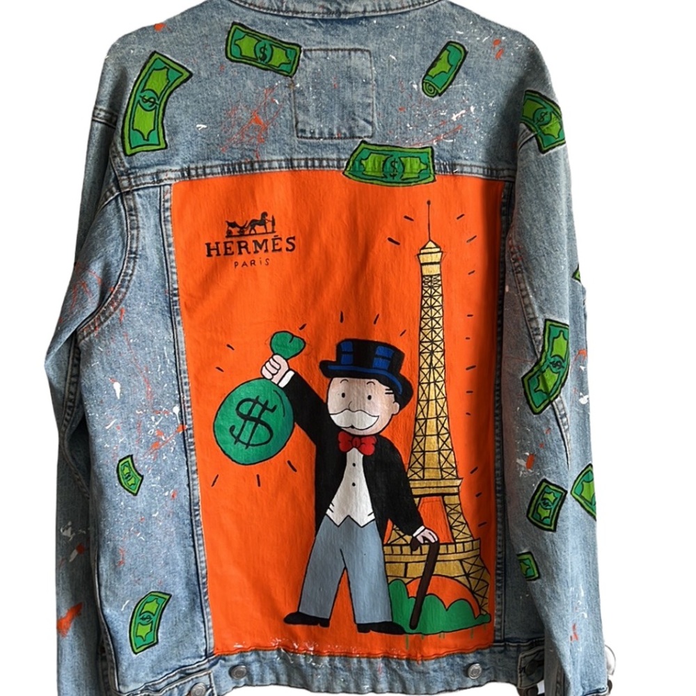 Zara denim jacket hand painted by a famous Moroccan artist. BAZARDAGE